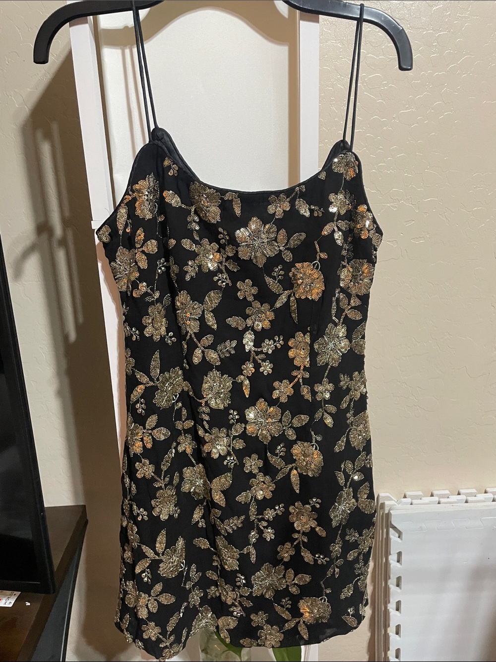 SANI Black Mini Dress with Gold Floral Sequin Detail
